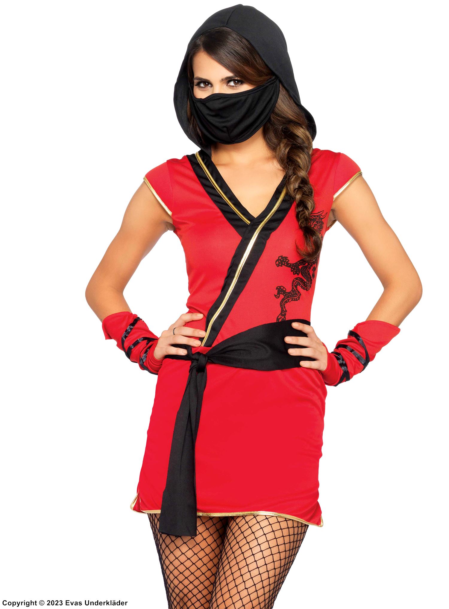 Kvinnlig ninja (aka kunoichi), maskeradklänning med huva och midjeband, drake